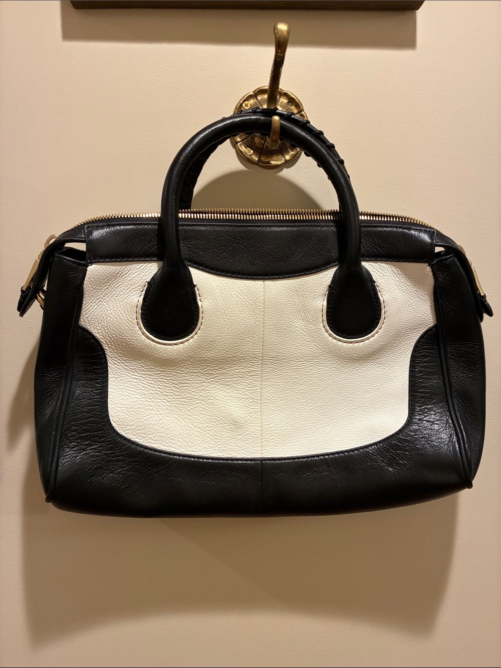J. Crew Black and White Leather Two-Tone Satchel